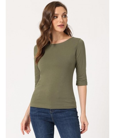 Women Elbow Sleeves Round Neck Slim Fit Tee Olive Green $11.50 Tees