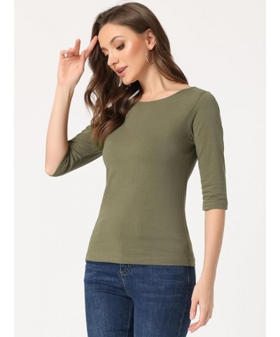 Women Elbow Sleeves Round Neck Slim Fit Tee Olive Green $11.50 Tees