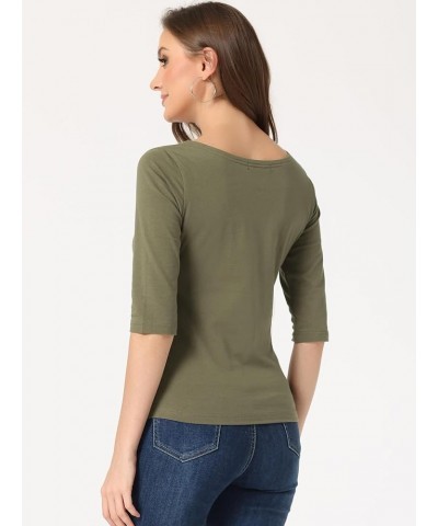 Women Elbow Sleeves Round Neck Slim Fit Tee Olive Green $11.50 Tees