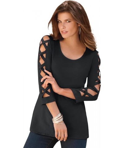 Women's Plus Size Lattice-Sleeve Ultimate Tee Shirt Black $13.80 Tees