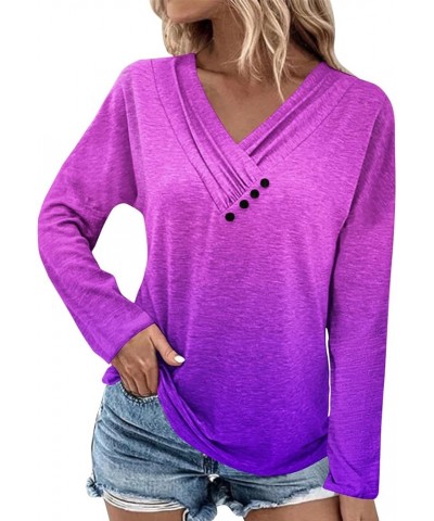 Women V Neck Short/Long Sleeve Tops Casual Button Shirts Trendy Slim Fit T Shirt Tunic Tops to Wear with Leggings A2-purple $...