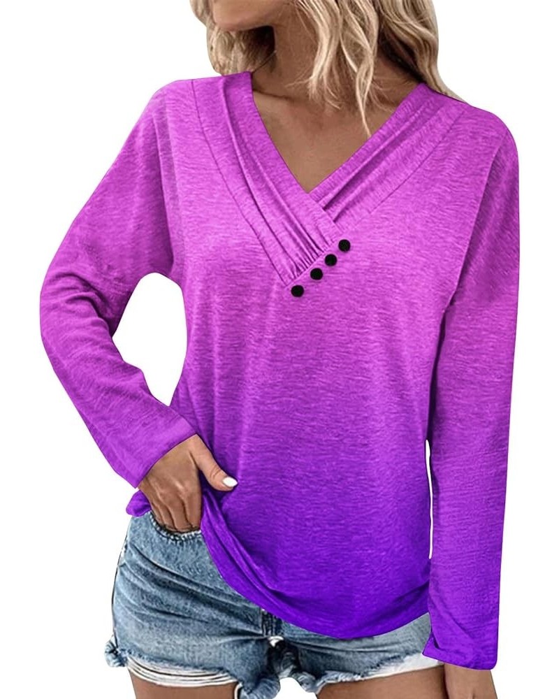 Women V Neck Short/Long Sleeve Tops Casual Button Shirts Trendy Slim Fit T Shirt Tunic Tops to Wear with Leggings A2-purple $...