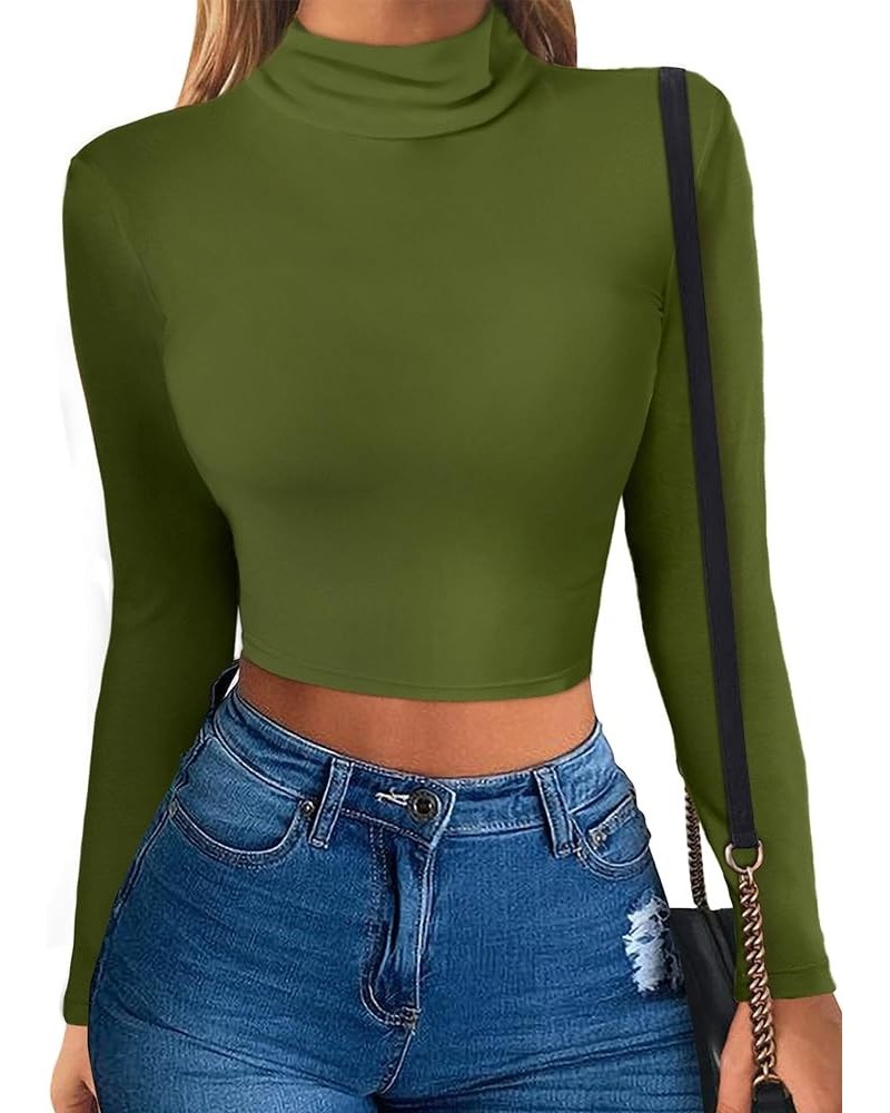 Womens Long Sleeve Turtleneck Crop Top Basic Slim Fit Crop T-Shirt Army Green $10.34 Tees