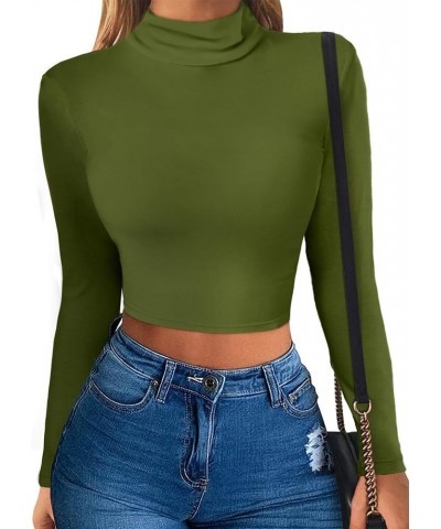 Womens Long Sleeve Turtleneck Crop Top Basic Slim Fit Crop T-Shirt Army Green $10.34 Tees