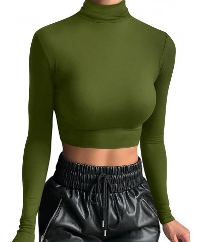 Womens Long Sleeve Turtleneck Crop Top Basic Slim Fit Crop T-Shirt Army Green $10.34 Tees