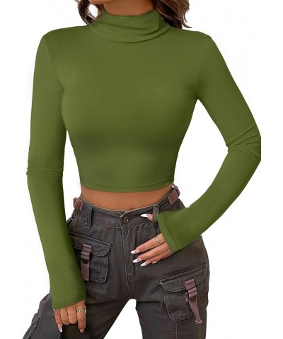 Womens Long Sleeve Turtleneck Crop Top Basic Slim Fit Crop T-Shirt Army Green $10.34 Tees