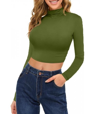 Womens Long Sleeve Turtleneck Crop Top Basic Slim Fit Crop T-Shirt Army Green $10.34 Tees