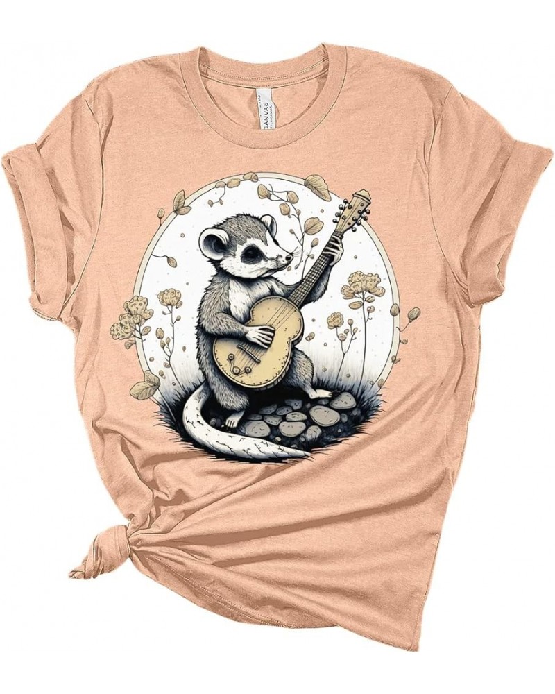 Womens Possum Shirt Cute Animal Playing Guitar T Shirts Cottagecore Clothing Aesthetic Graphic Tees Heather Peach $15.93 Tees