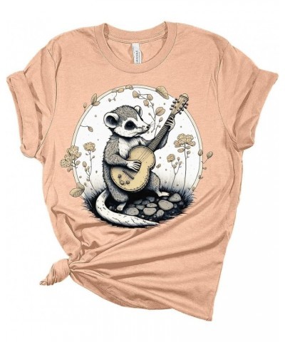 Womens Possum Shirt Cute Animal Playing Guitar T Shirts Cottagecore Clothing Aesthetic Graphic Tees Heather Peach $15.93 Tees