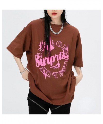 Women's Vintage Graphic Short Sleeve Round Neck Oversized Loose Tee Trendy Y2k Alt Emo Shirt Fairy Grunge Top Brown $11.79 Tees