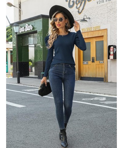 Long Sleeve Shirts for Women Casual Dressy Blouse Tops 2024 Spring Fashion T-Shirts Navy Blue $11.25 Blouses