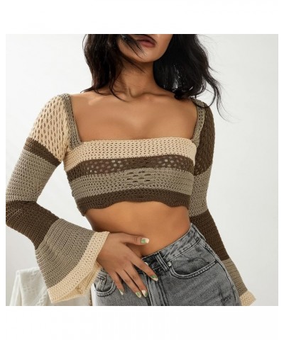 Y2k Women Long Sleeve Crop Top Crochet Knit Color Block Pullover Jumper Tops Loose Patchwork Shirts 90S Streetwear Brown/Beig...