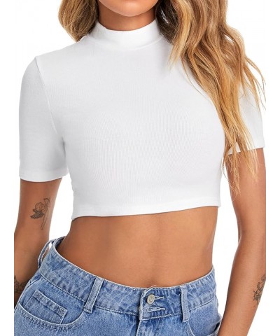 Women's Basic Mock Neck Short Sleeve Slim Fit Crop Tops T-Shirts White $13.24 Tees