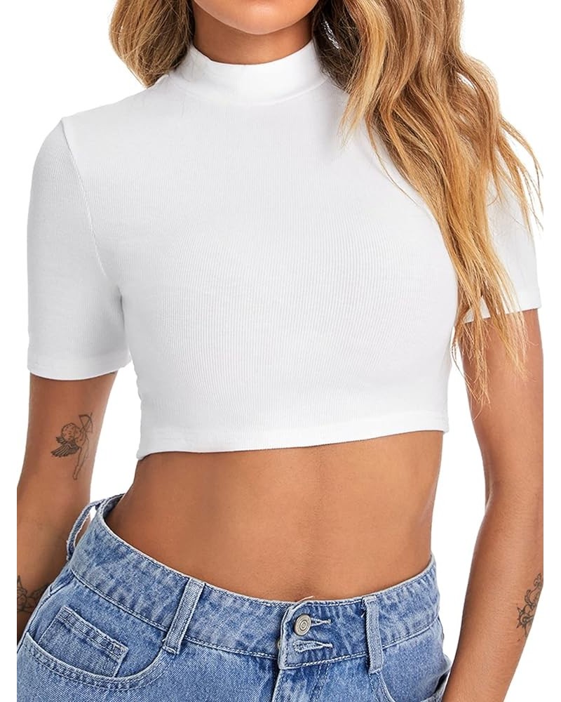 Women's Basic Mock Neck Short Sleeve Slim Fit Crop Tops T-Shirts White $13.24 Tees