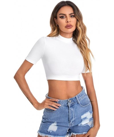 Women's Basic Mock Neck Short Sleeve Slim Fit Crop Tops T-Shirts White $13.24 Tees