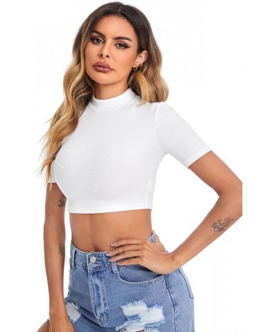 Women's Basic Mock Neck Short Sleeve Slim Fit Crop Tops T-Shirts White $13.24 Tees