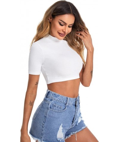 Women's Basic Mock Neck Short Sleeve Slim Fit Crop Tops T-Shirts White $13.24 Tees