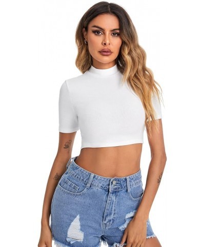 Women's Basic Mock Neck Short Sleeve Slim Fit Crop Tops T-Shirts White $13.24 Tees