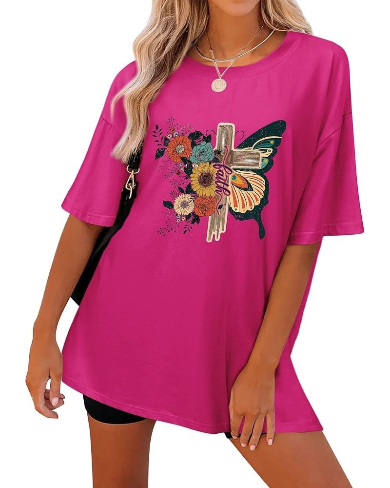 Women's Cross Faith T Shirt Cute Short Sleeve Butterflies Flowers Graphic Tees Casual Loose Summer Tops 2-rosy $12.99 Tees