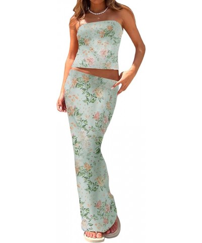 Women Sexy 2 Piece Outfit Set Sleeveless Lace Crop Bodycon Long Skirt Y2k Backless 2Pcs Skirt Set Green Floral $11.00 Suits