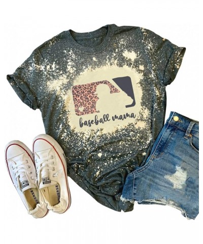 Baseball Mama Bleached T-Shirt for Women Funny Leopard Graphic Mama Distressed Shirt Letter Print Baseball Mom Tee Tops Grey ...