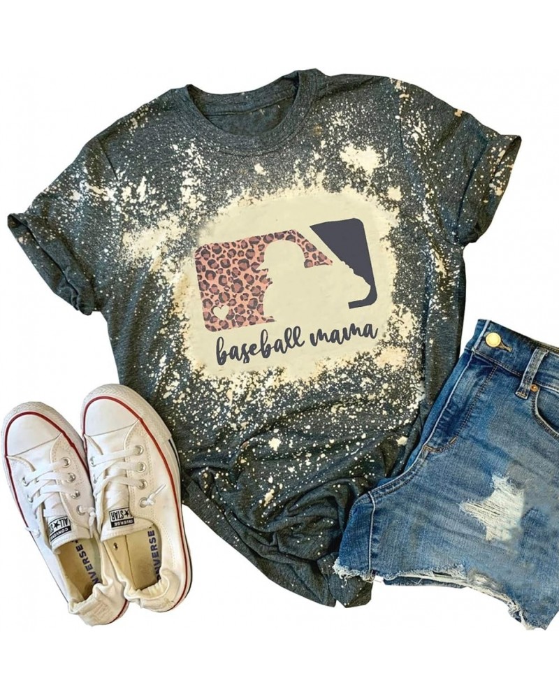 Baseball Mama Bleached T-Shirt for Women Funny Leopard Graphic Mama Distressed Shirt Letter Print Baseball Mom Tee Tops Grey ...