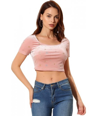 Women's Halloween Christmas Velvet Scoop Neck Slim Fit Crop Top Pink $12.60 Tees