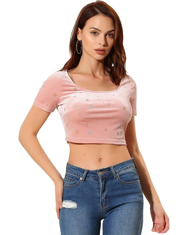 Women's Halloween Christmas Velvet Scoop Neck Slim Fit Crop Top Pink $12.60 Tees