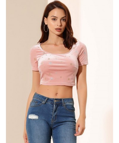 Women's Halloween Christmas Velvet Scoop Neck Slim Fit Crop Top Pink $12.60 Tees