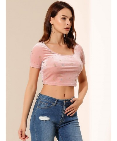 Women's Halloween Christmas Velvet Scoop Neck Slim Fit Crop Top Pink $12.60 Tees