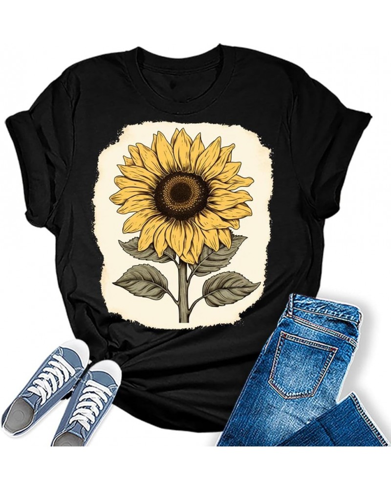 Womens Fall Vintage Tops Sunflower Tshirt Cottagecore Floral Graphic Tee Autumn Shirts 3 - Black $13.42 Tees