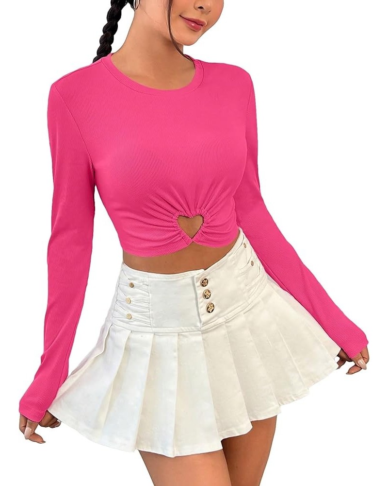 Women's Long Sleeve Slimming Tops Heart Ring Linked Cut Out Round Neck Cropped Tee Shirt Hot Pink $10.12 Tees