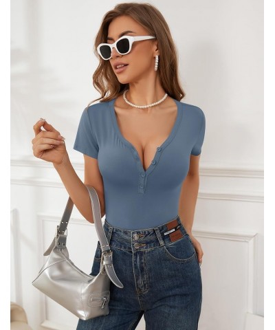 Womens Short Sleeve Basic T-Shirts V Neck Tops Cute Summer Tops Button Down Slim Fit Tees Y2k Clothing 2024 Gray Blue $11.39 ...