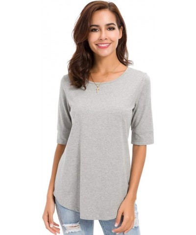 Summer Tops for Women Fashion Loose Fitting Mid Sleeve Crewneck Cotton T Shirts Gray $10.75 Tees