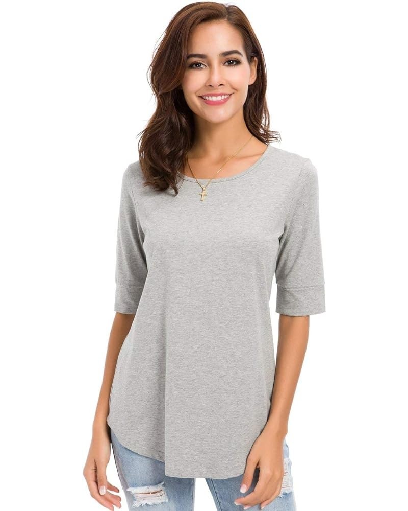 Summer Tops for Women Fashion Loose Fitting Mid Sleeve Crewneck Cotton T Shirts Gray $10.75 Tees