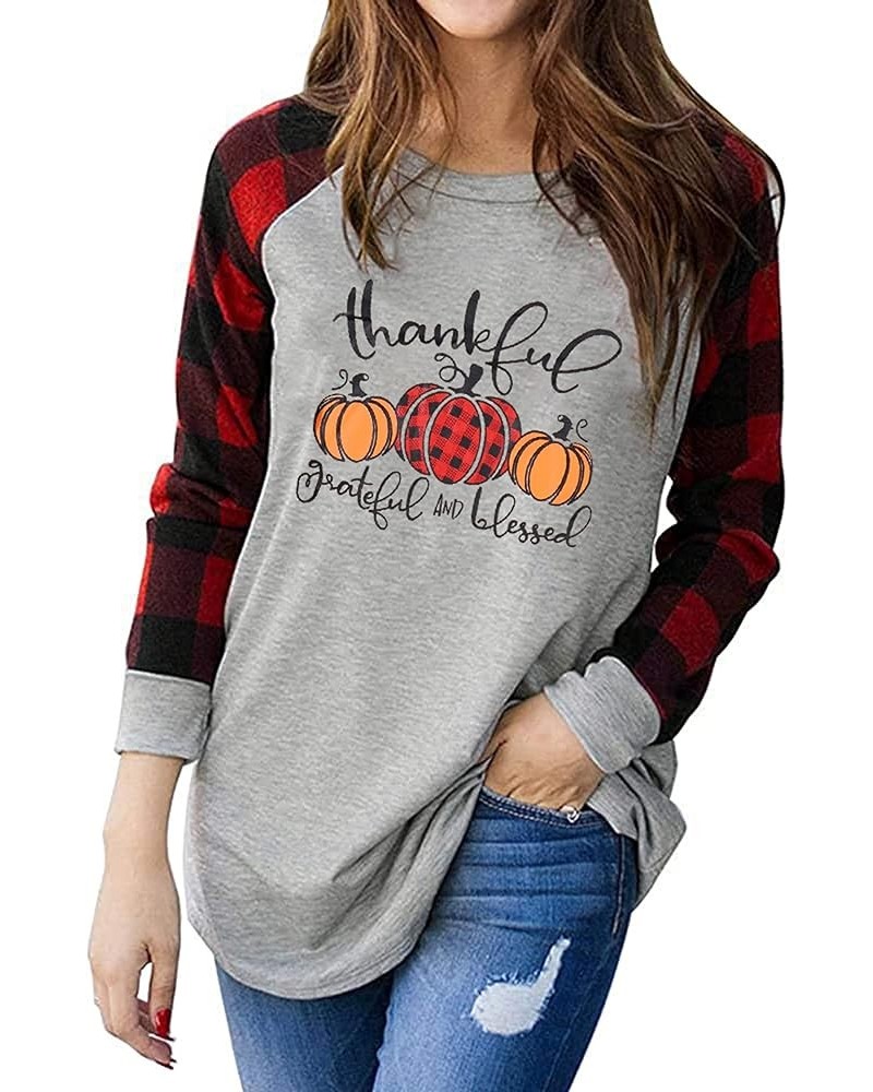 Thankful Grateful Blessed Print T Shirt Women Thanksgiving Pumpkin Long Sleeve Blouse Leopard Printed Striped Fall Tee Plaid ...