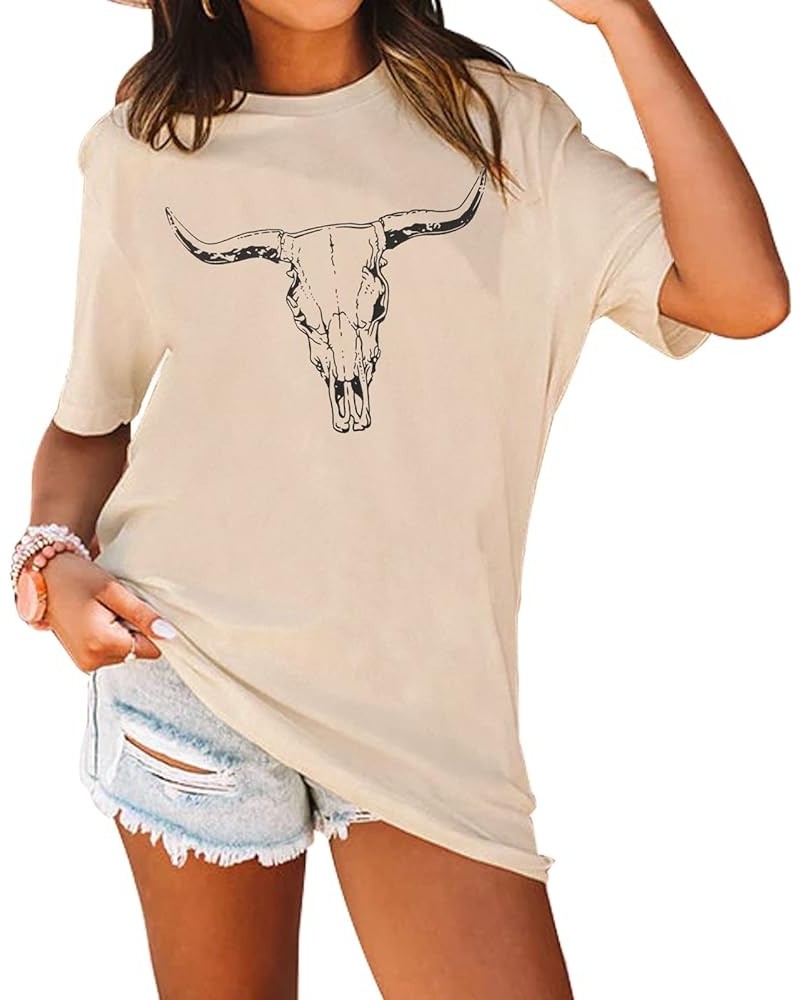 Women's Boho Cow Skull T Shirt Vintage Western Rodeo Graphic Tee Short Sleeve Bull Skull Oversized Cowgirl Casual Top Apricot...