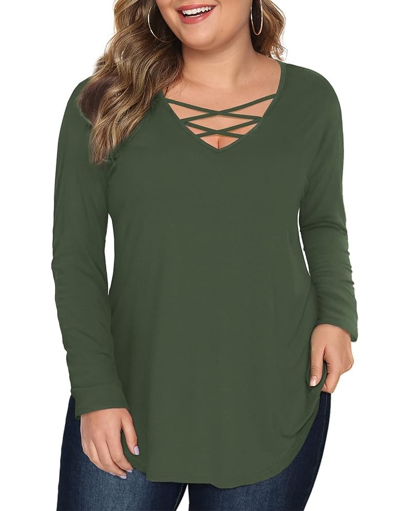 Womens' Plus Size Tops with Short/Long Sleeve Criss Cross Neck C: Olive Green $10.99 Tees