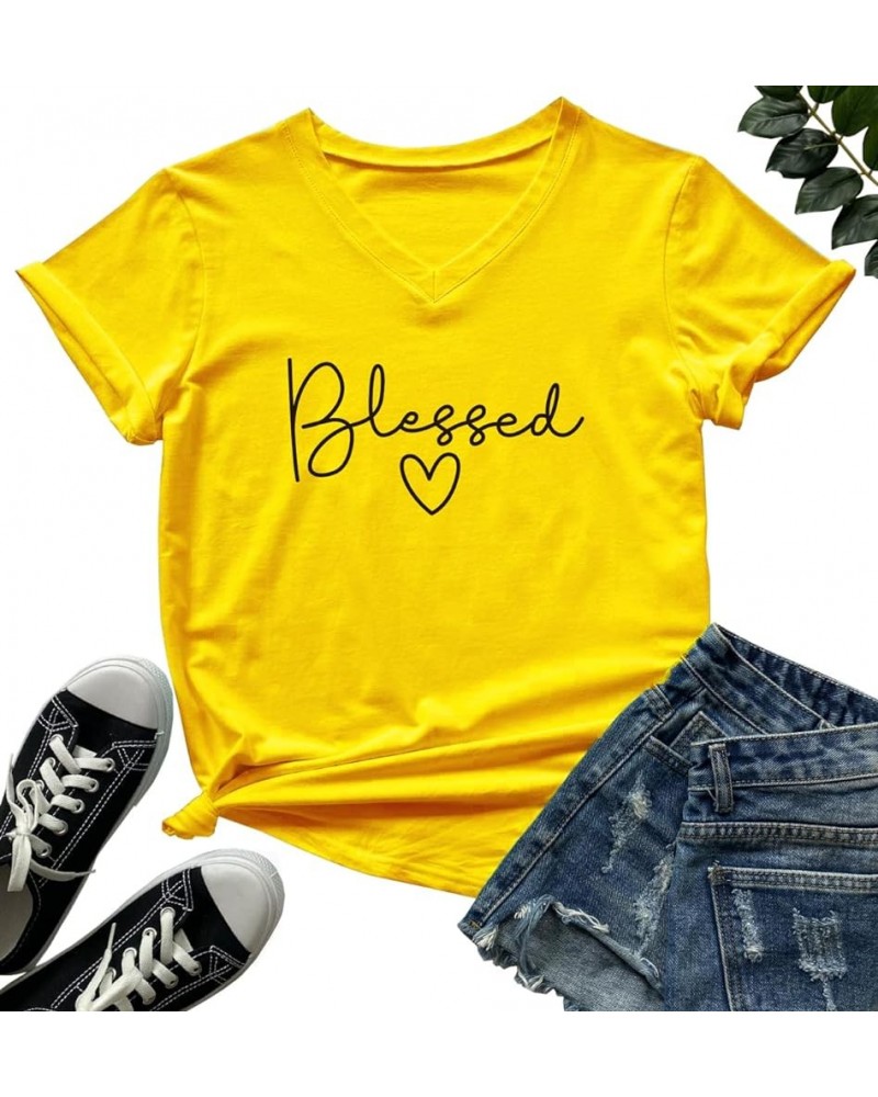 Womens V-Neck Cute Blessed T-Shirt Funny Heart Graphic T Shirt Short Sleeve Tops Yellow $9.68 Tees