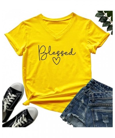 Womens V-Neck Cute Blessed T-Shirt Funny Heart Graphic T Shirt Short Sleeve Tops Yellow $9.68 Tees