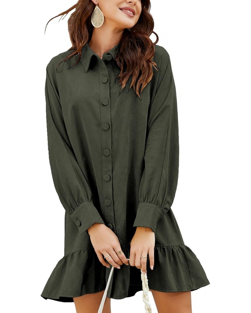 Women's Babydoll Ruffle Hem Shirt Mini Dress Button Up Long Sleeve Collared Dress Army Green S $10.50 Dresses