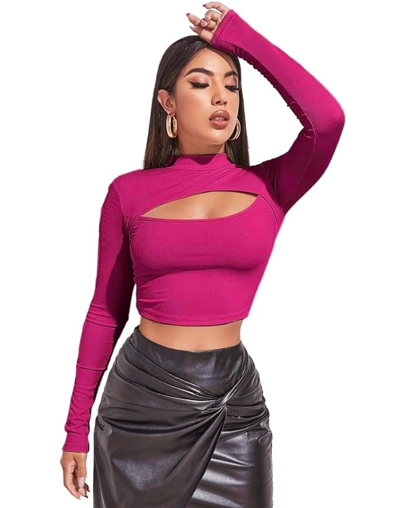 Women's Long Sleeve T Shirt Front Cut Out Basic Knit Mock Neck Crop Top Hot Pink $10.25 Tees