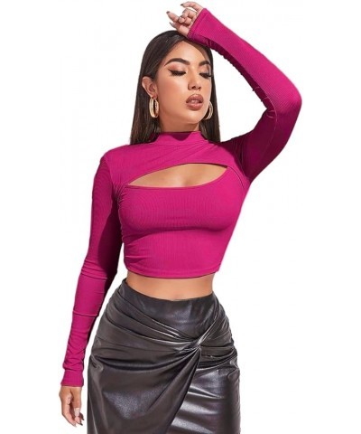 Women's Long Sleeve T Shirt Front Cut Out Basic Knit Mock Neck Crop Top Hot Pink $10.25 Tees