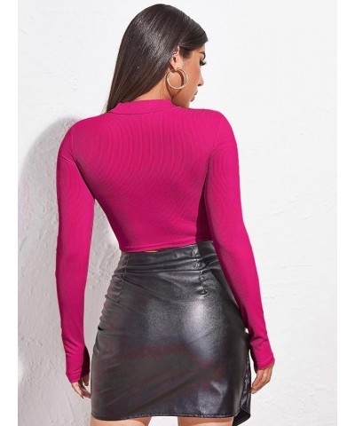 Women's Long Sleeve T Shirt Front Cut Out Basic Knit Mock Neck Crop Top Hot Pink $10.25 Tees