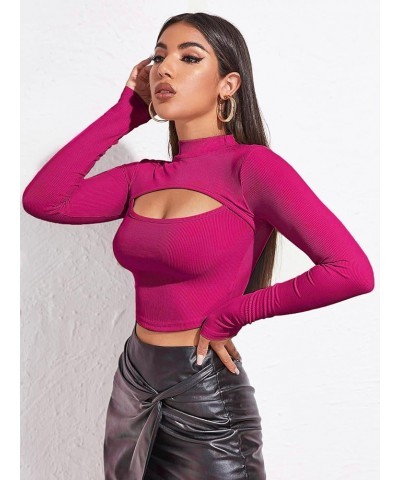 Women's Long Sleeve T Shirt Front Cut Out Basic Knit Mock Neck Crop Top Hot Pink $10.25 Tees