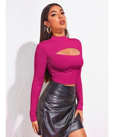 Women's Long Sleeve T Shirt Front Cut Out Basic Knit Mock Neck Crop Top Hot Pink $10.25 Tees