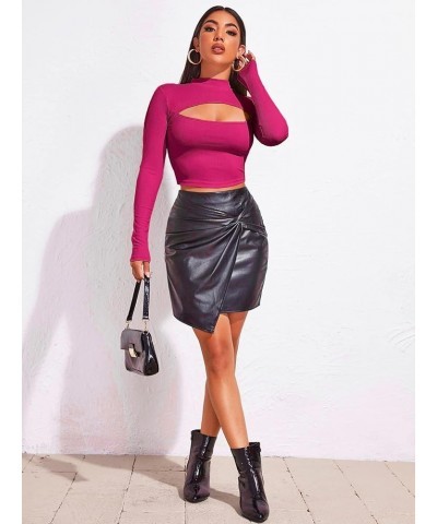 Women's Long Sleeve T Shirt Front Cut Out Basic Knit Mock Neck Crop Top Hot Pink $10.25 Tees