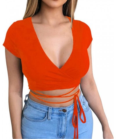 Women Sexy Deep V Neck Crop Top Short Sleeve Bandage Wrap Tie Tight Cropped Fitted Cleavage Shirts Orange $11.87 Tees