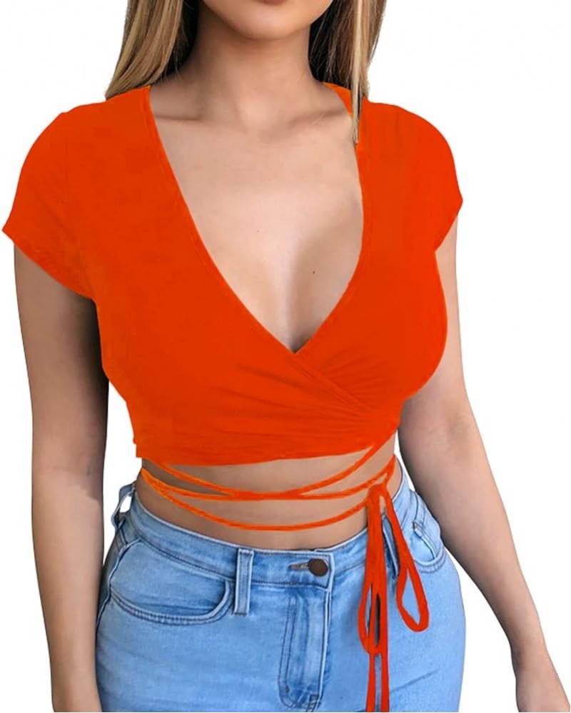 Women Sexy Deep V Neck Crop Top Short Sleeve Bandage Wrap Tie Tight Cropped Fitted Cleavage Shirts Orange $11.87 Tees