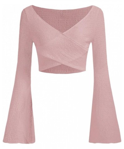 Women's Bell Sleeve Criss Cross Wrap V Neck Textured Crop Tee Top Light Pink $11.00 Tees